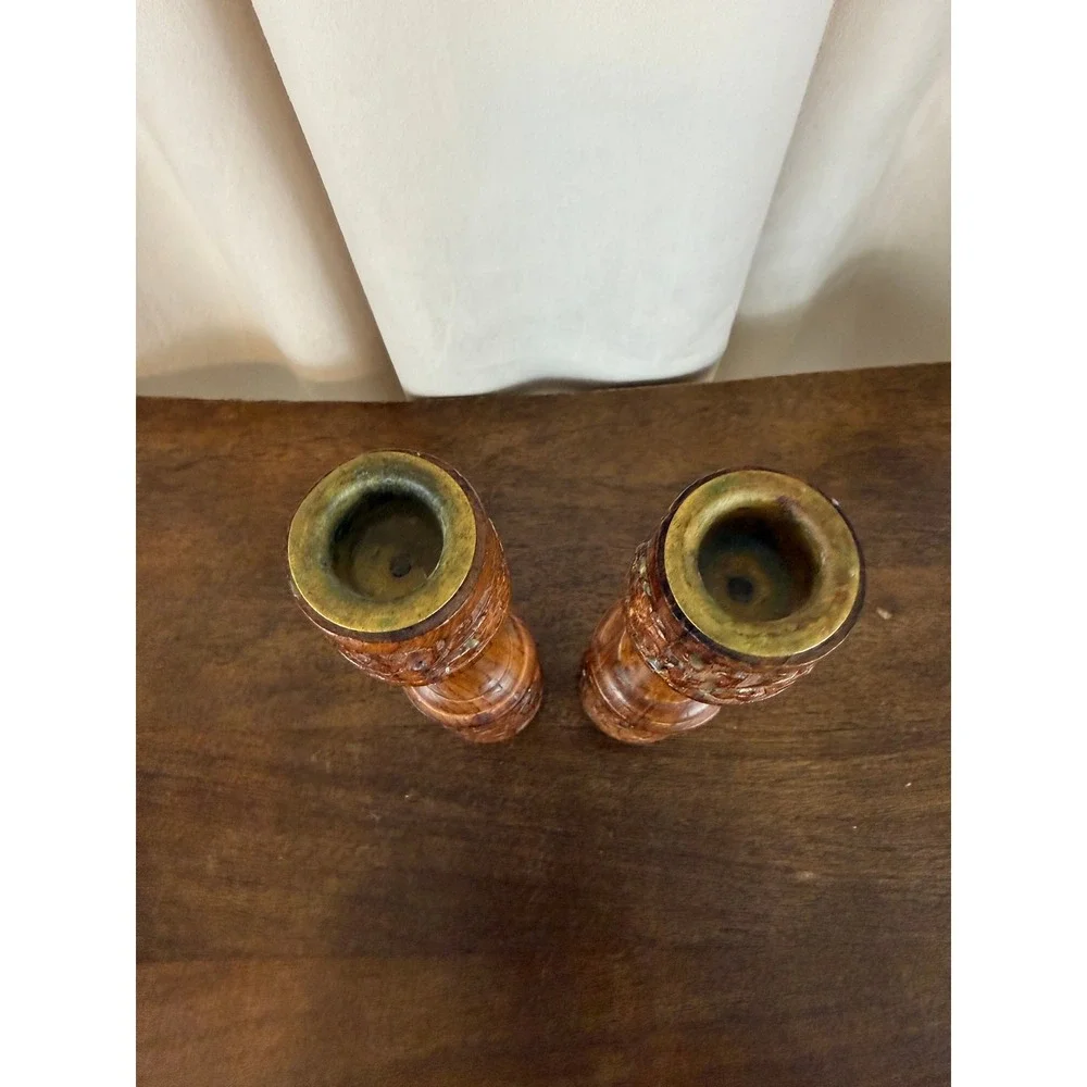 VTG PAIR‎ (2) Hand Carved Teak Wood Candle Holders Brass Inserts 8